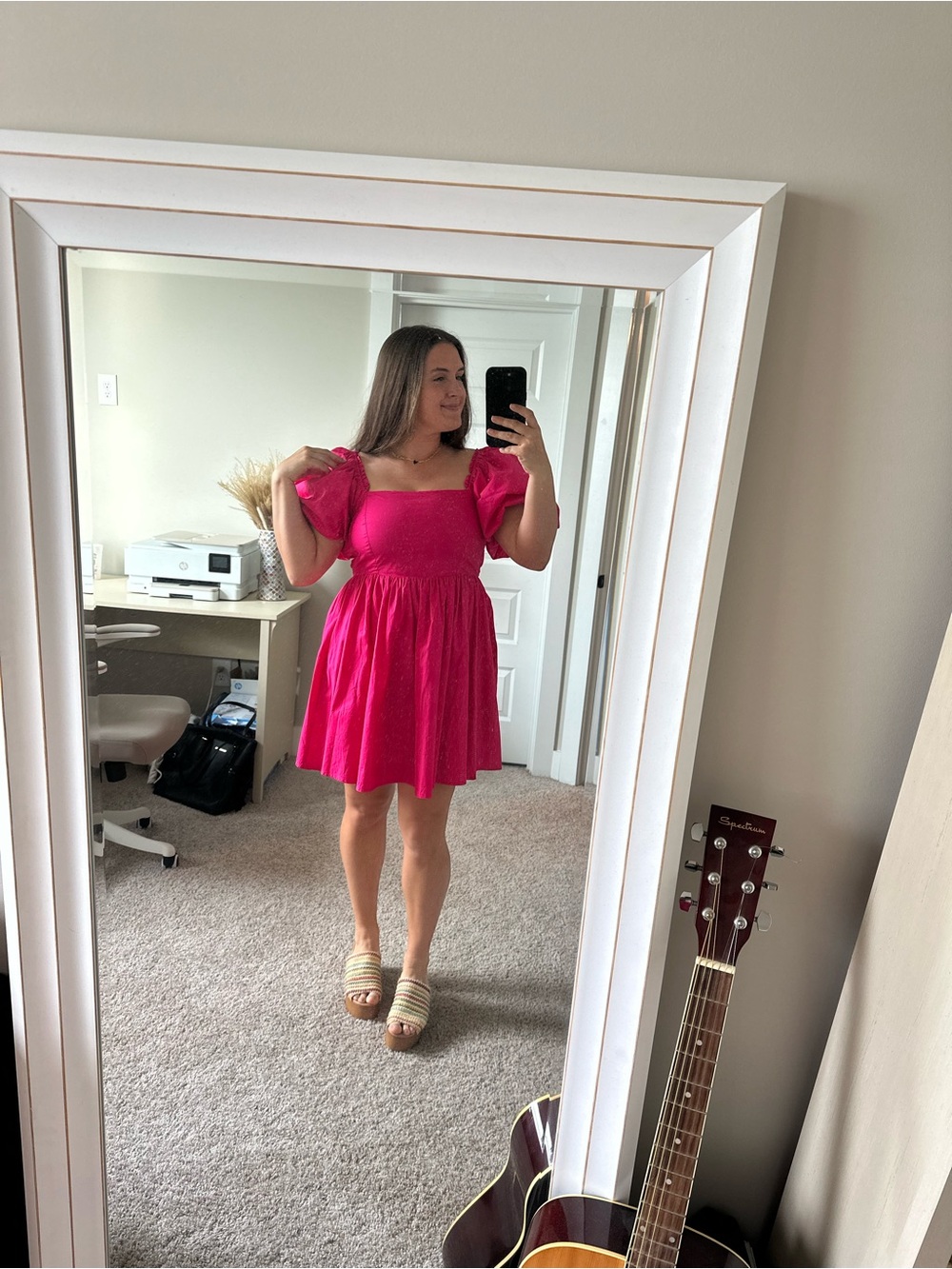 Bright Pink Puff-Sleeve Smocked Mini Dress